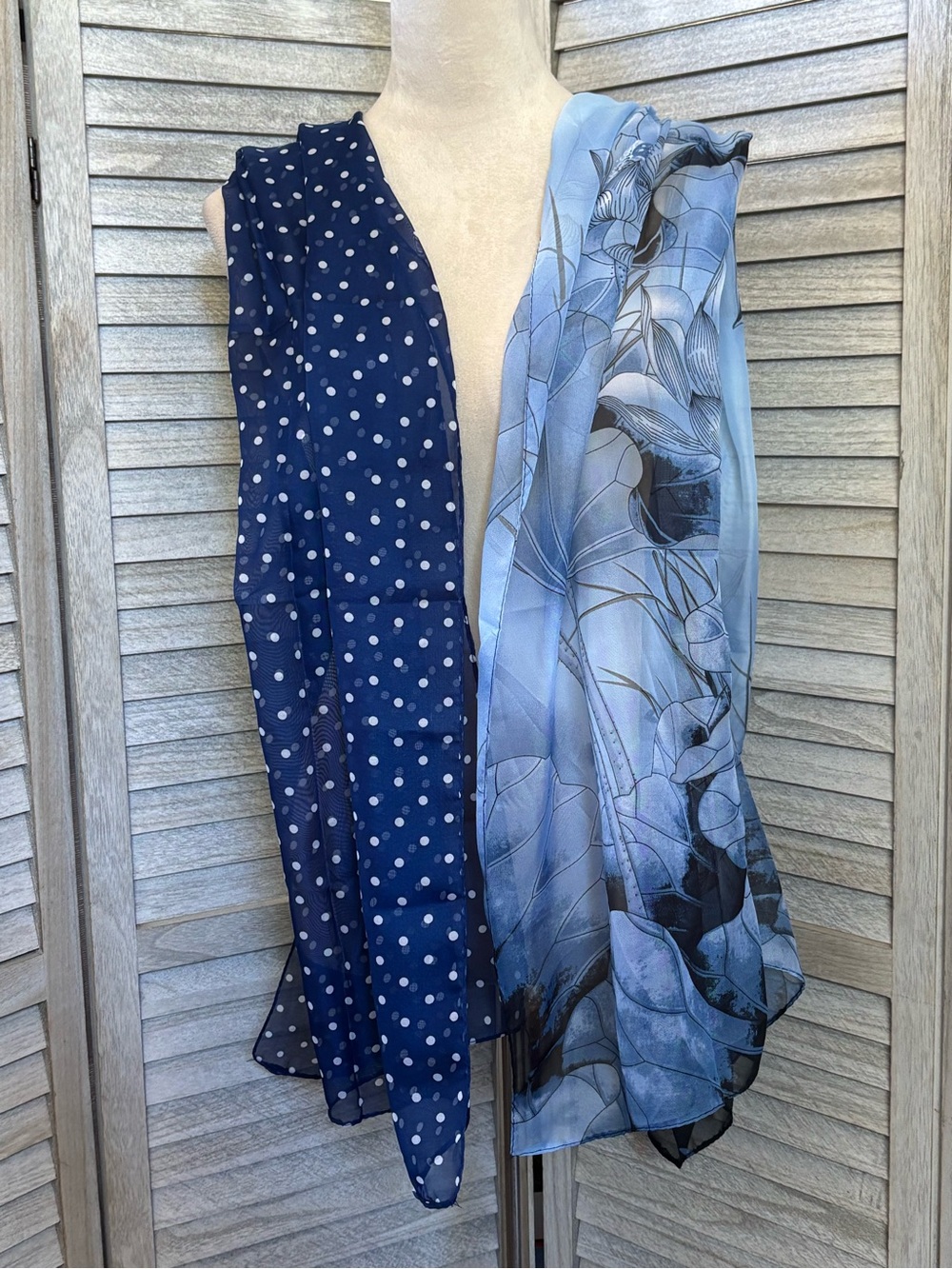 BUNDLE SET (NWOT) Icy Blue Lotus Floral & Navy PolkaDot Chiffon Scarves Set of 2